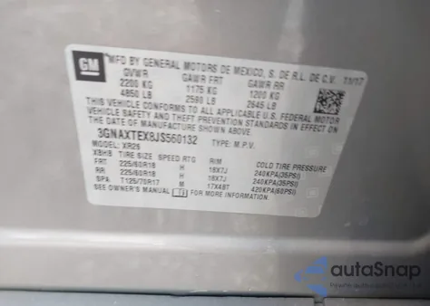 2018 Chevrolet Equinox Lt из США, поврежденный, VIN 3GNAXTEX8JS560132